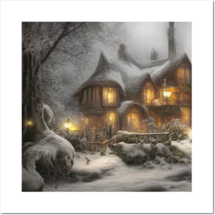 Magical Fantasy House with Lights in a Snowy Scene, Fantasy Cottagecore artwork Posters and Art